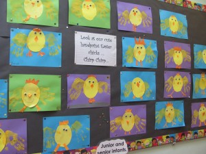 Here are our handprint Easter chicks.