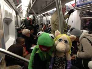 On the subway on his journey home.